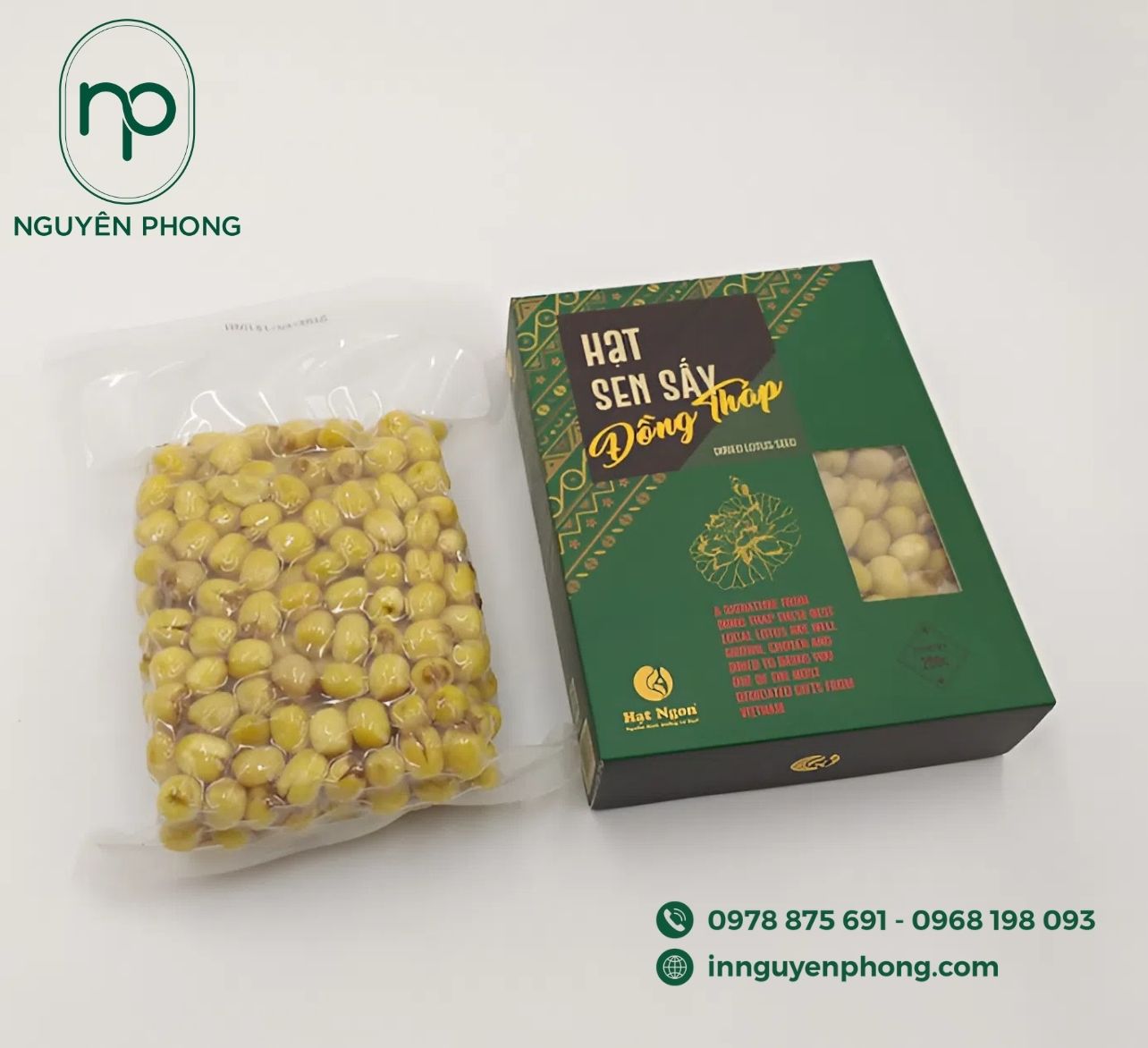 Mẫu tem nhãn hạt sen sấy kèm hộp 